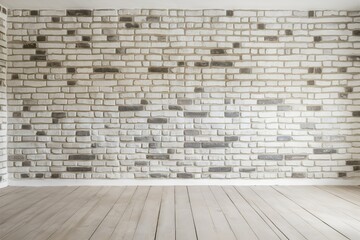 Fototapeta premium Empty Room with Brick Wall: An empty room with a textured brick wall and wooden floor. The simplicity creates a canvas for imagination.