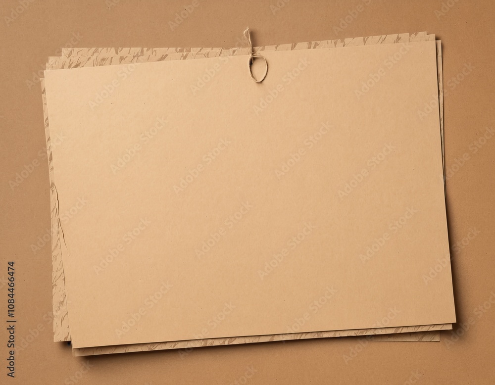 Poster blank recycled paper sheets on brown surface with texture and string