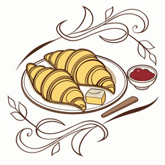 Croissant on Plate, Fresh Pastry, Classic French Breakfast, Croissant with Coffee, Buttery Baked Treat, Perfect for Menus, Branding, Packaging, Digital Art, and Creative Projects
