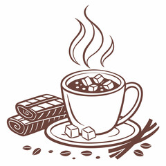 Cup of Coffee with Chocolate and Flowers, Steaming Hot Beverage, Cozy Café Drink Illustration, Coffee Cup Icon, Perfect for Menus, Branding, Packaging, Digital Art, and Creative Projects