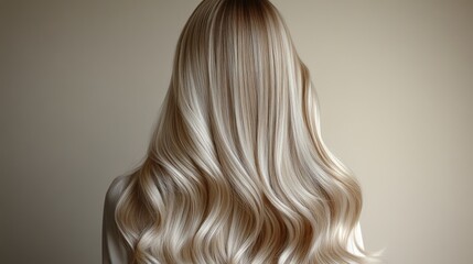 Fototapeta premium Glossy hair cascades down the back, reflecting warm tones in gentle sunlight