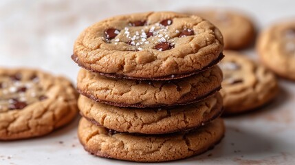Warm, chewy cookies stacked high, topped with sea salt
