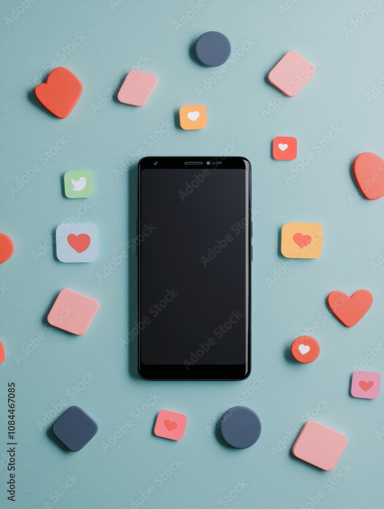 Aufkleber a smartphone lies flat on a light blue surface, surrounded by colorful icons representing notificati