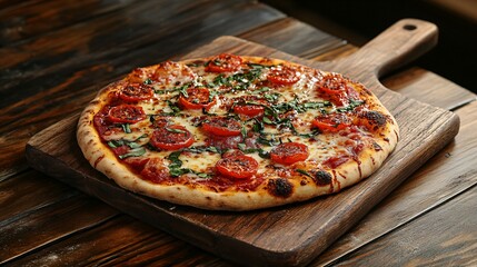 Delicious pizza served on a rustic wooden board, pizza, Italian food, wood, table, gourmet, cheese, tomato, crust, delicious, meal