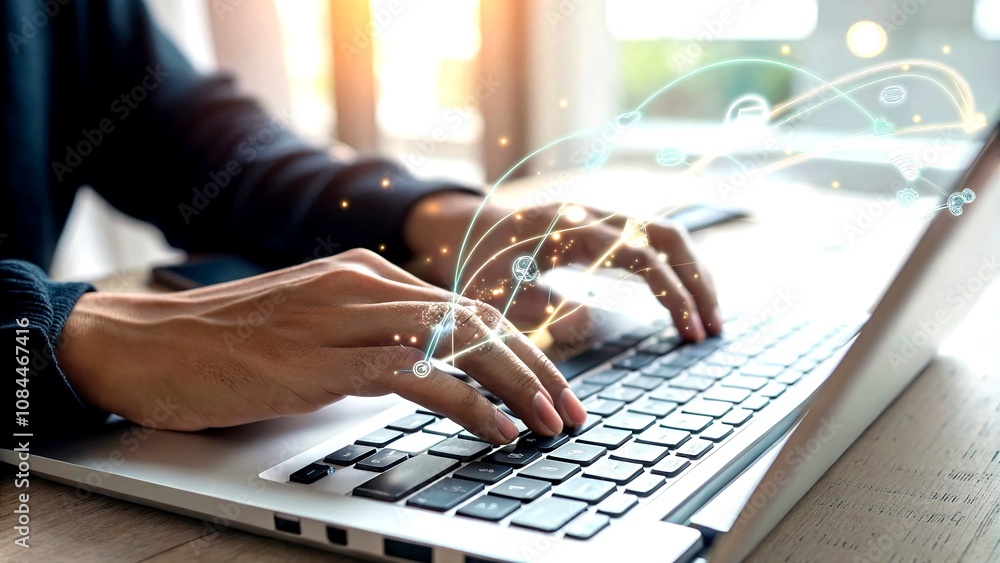 Poster Hands Typing on a Keyboard Surrounded by Digital Data, Illustrating Connectivity and Online Interactions in Modern Business Communication