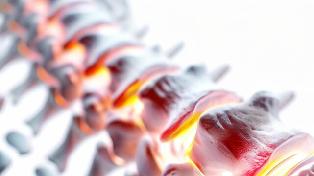 Vertebral column demonstrating intervertebral discs glowing, suggesting pain and inflammation, possibly caused by a medical condition such as herniated disc, sciatica, or spinal stenosis