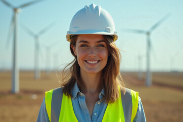 portrait of female worker with wind turbines bokeh in the background.