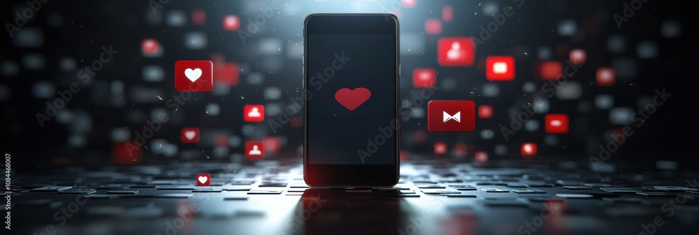 Aufkleber A smartphone stands out in a dark setting, surrounded by animated notifications representing likes and comments, creating a vibrant atmosphere. Generative AI