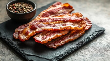 Savory strips of crispy bacon paired with a bowl of colorful peppercorns