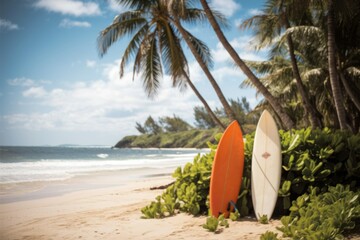 Tropical Paradise: Two surfboards leaning against palm trees on a pristine sandy beach, the ocean waves gently rolling in the background. This image evokes a sense of relaxation.