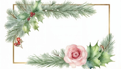 Christmas card with watercolor winter greenery and rose inside a rectangle frame on a white background, fir branches and cones