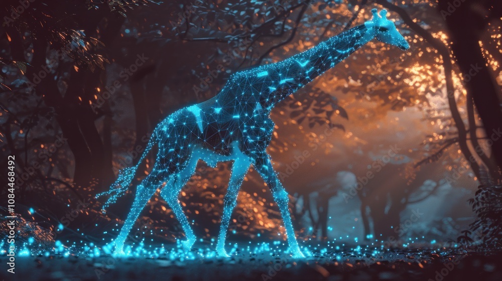 Poster a digital rendering of a giraffe with glowing blue particles walking through a forest at dusk.