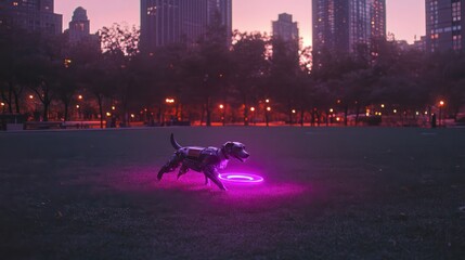 A robotic dog chases a glowing purple disc in a city park