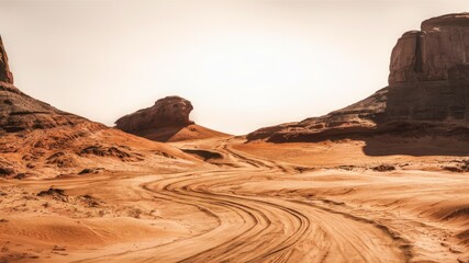 Desert Road to the Horizon: A winding path etched by vehicle tires carves through the vast expanse of a desert landscape, leading towards the horizon under an expansive sky