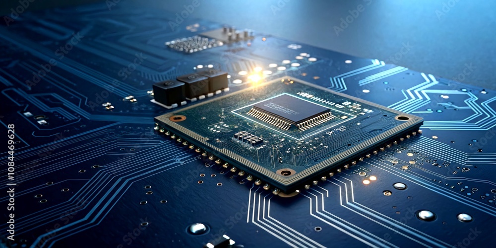 Poster high-tech circuit technology background featuring digital data connection system on dark blue, showc