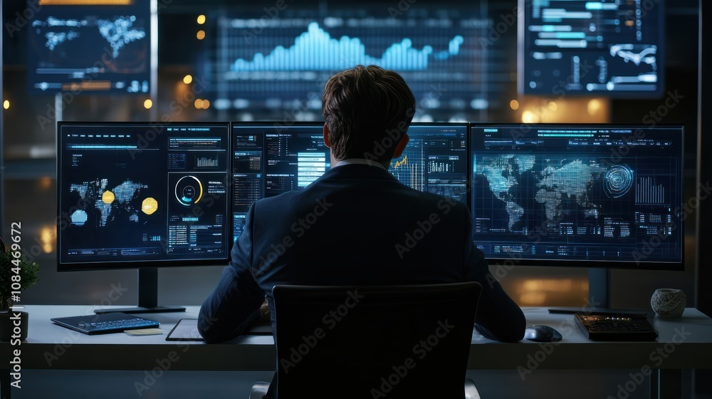 Poster analyst manages the system database, analytics business and reports on the computer. concept of anal