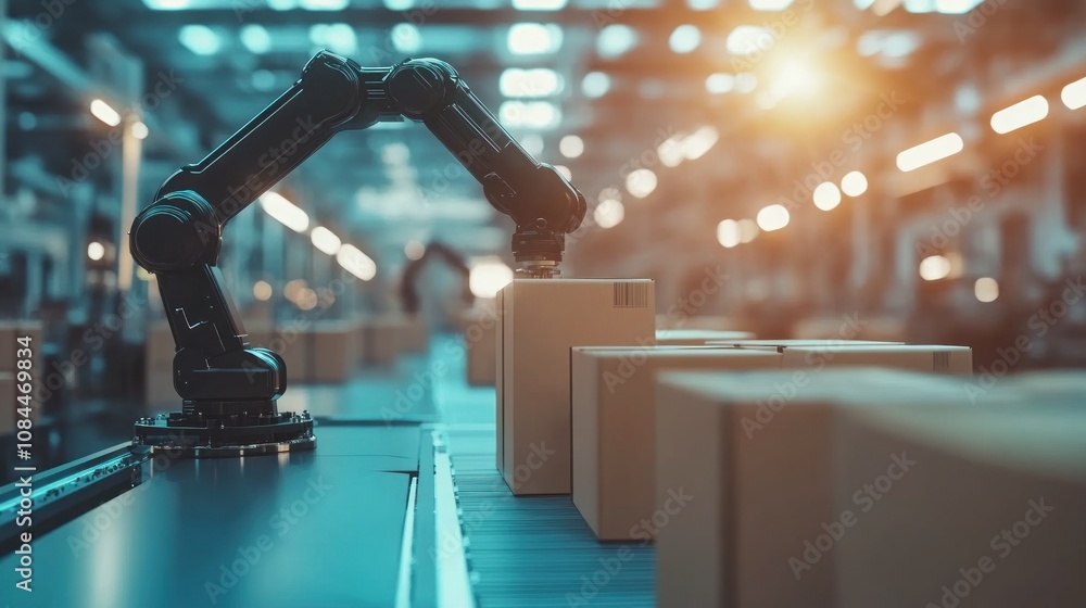 Poster automated warehouse: robotic arm sorting packages on conveyor belt
