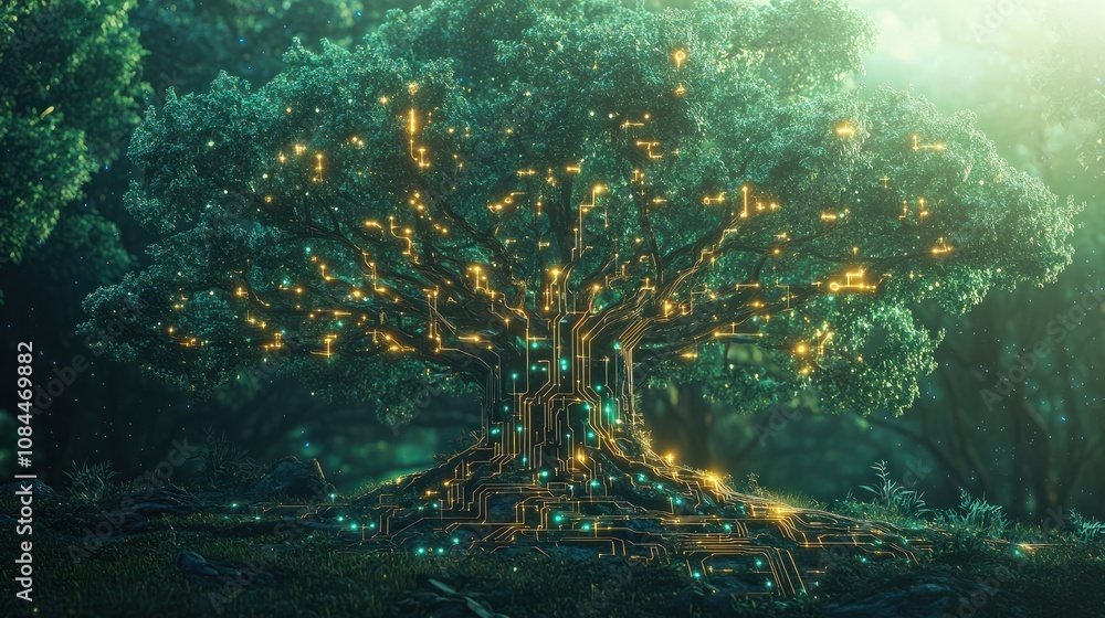 Poster artificial intelligence tree with circuit board connections, symbolizing technology and innovation i