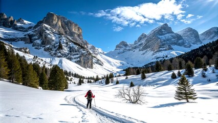 Hiker Snowshoeing Amidst a Winter Wonderland in the Vercors Mountains, France, Showcasing the Beauty of Alpine Adventures and the Thrill of Outdoor Exploration in Snowy Landscapes
