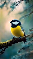Fototapeta premium Grounded Great Tit showcasing its beauty in a serene woodland setting.