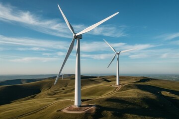 Wind Power on the Horizon: Two majestic wind turbines stand tall against a backdrop of rolling hills and a clear blue sky, symbolizing a sustainable future and clean energy generation. 