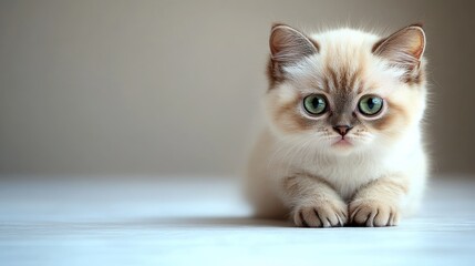 A playful kitten gazes intently, showcasing its vibrant green eyes and fluffy fur