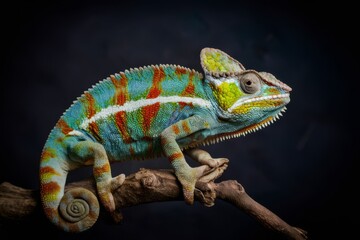 Fototapeta premium Panther Chameleon on Branch: A vibrant panther chameleon perched on a branch, showcasing its striking blue, green, red, and yellow scales.