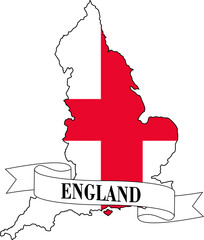 The map of England overlaid by the England flag and with its name on a ribbon