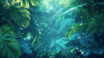 Obraz premium Lush green tropical rainforest with sunlight filtering through the leaves.