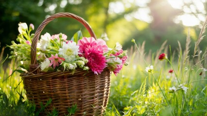 Summer Blooms in a Woven Basket: A rustic wicker basket overflowing with vibrant pink and white flowers sits amidst a sun-drenched meadow, evoking a sense of summer tranquility and natural beauty. 