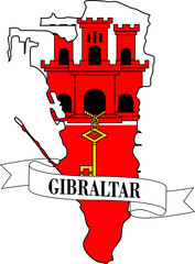 The map of Gibraltar overlaid by the Gibraltar flag and with its name on a ribbon