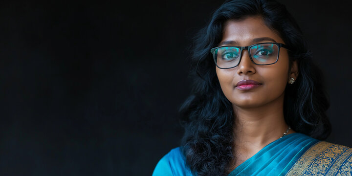 portrait of an asian woman in a blue saree with smile face wearing glass, black skin asian woman in black background. 