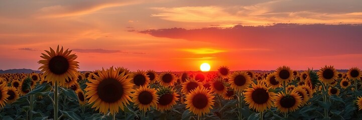 Fototapeta premium beautiful sunset over a sea of tall sunflowers, warm light, scenic views