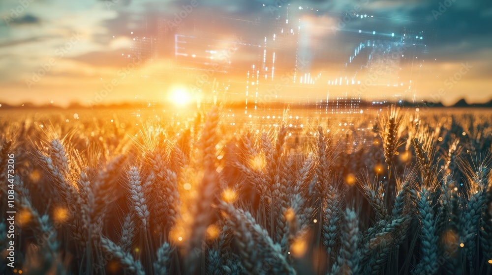 Poster digital farming analytics at sunset. close-up of wheat field with holographic data and charts overla