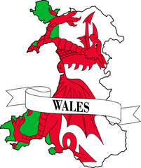 The map of Wales overlaid by the Welsh flag and with its name on a ribbon