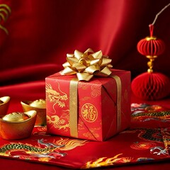 red gift box with a golden bow, adorned with traditional Chinese symbols, placed on silk fabric embroidered with dragons for the Lunar New Year.