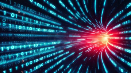 Obraz premium Data Stream Tunnel: High-speed digital data flows through a vibrant tunnel of binary code, creating a dynamic and futuristic visual. Perfect for tech, innovation, and speed concepts. 