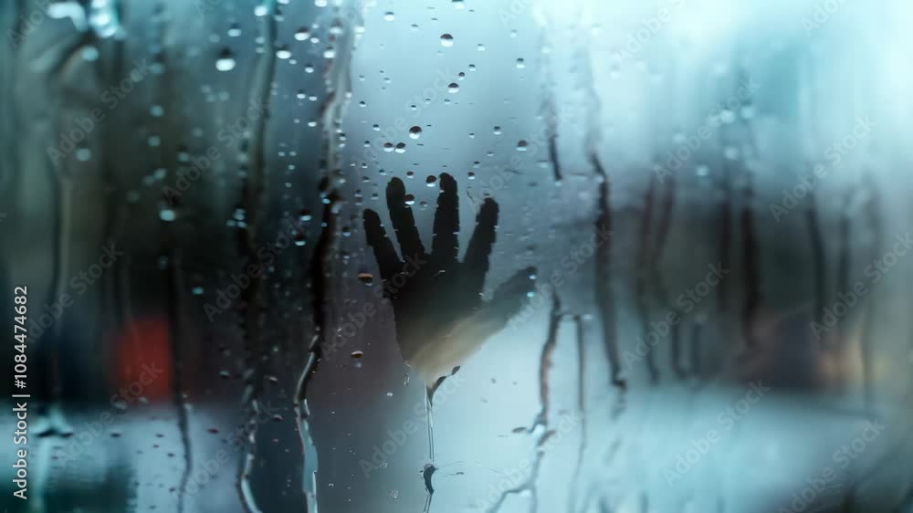 Aufkleber Touching wet window on rainy day creates lonely, hopeful mood with blurred background