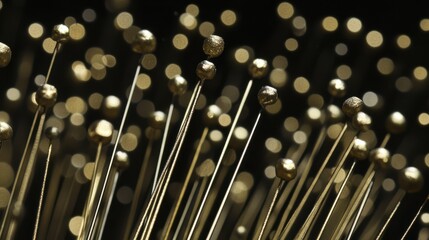 Abstract close-up of metallic pins with spherical tops, creating a visually striking pattern against a dark background.  The gold tones and bokeh effect add a touch of elegance.