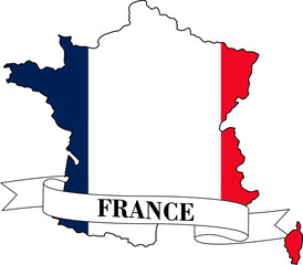 The map of France overlaid by the French flag and with its name on a ribbon