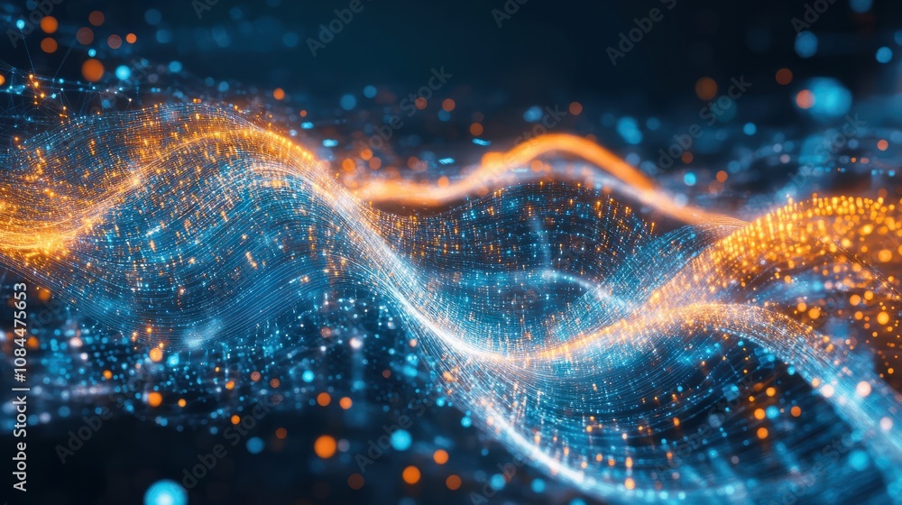 Poster futuristic digital interface with glowing data streams and circuits in blue and orange hues, represe