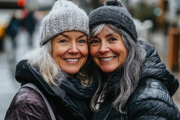 Two smiling senior women wearing winter hats and coats outdoors