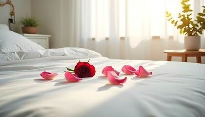 A neatly arranged bed with crisp white sheets, delicate pink and red rose petals artfully placed create with ai