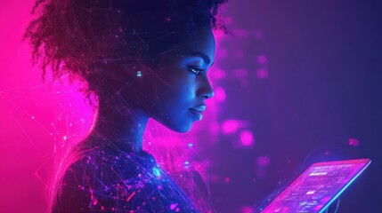 Futuristic, social network app or woman with tablet hologram of world user data or global analytics. Mobile tech ux, ui or business black woman with web internet, social media and future digital info