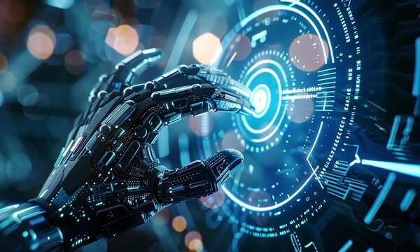 Robotic hand interacting with holographic interface video animation, ai generated. Advanced robotics touching animated footage HD clip motion graphics. Digital technology in futuristic concept