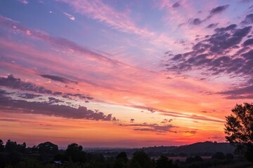 Fototapeta premium Breathtaking gradient of orange to pink to purple hues fills sky as sunset slowly sets, mix, sunset