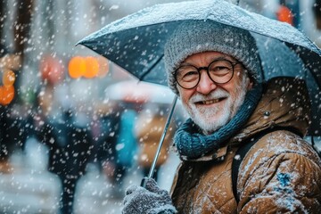 Smiling senior man holding umbrella while snowing in city