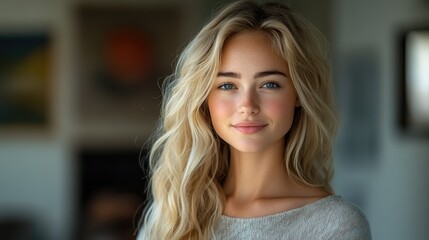 Fototapeta premium Portrait of smiling blonde woman with freckles and blue eyes