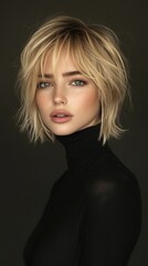 Naklejka premium Fashion model posing with stylish blonde bob haircut and turtleneck