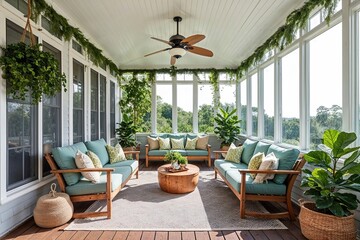 Fototapeta premium Cozy Light-Filled Sunroom Interior Design with Lush Greenery and Comfortable Lounges